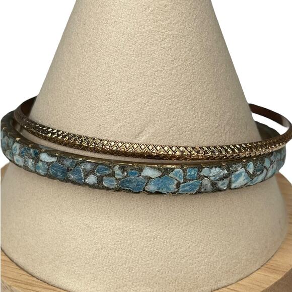 Vintage Brass & Turquoise Chip Bracelet Bangle Set Brass Bracelet Made In India - Picture 6 of 8